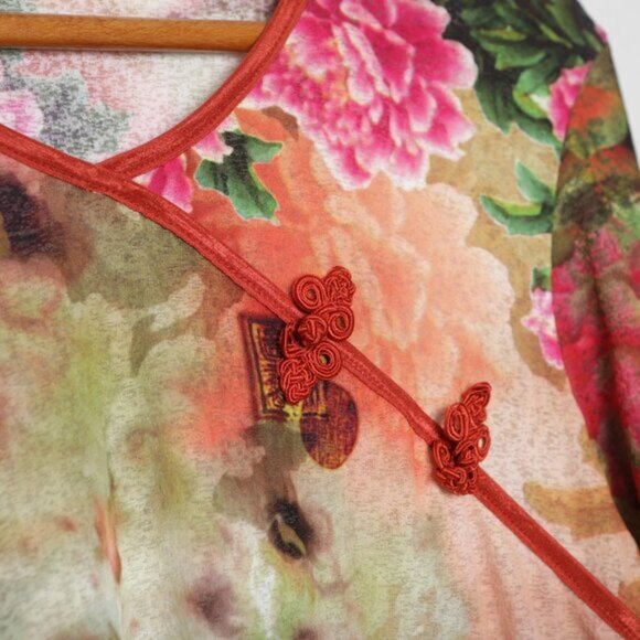 Floral Chinese Tang Style Blouse Y2K Asian Top Frog Button Neckline 34 Sleeves - Picture 7 of 10